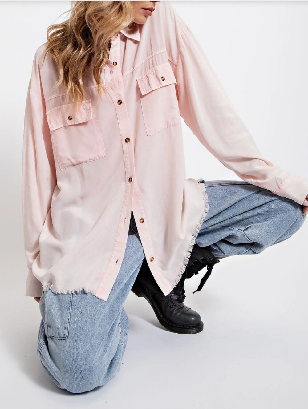 EASEL Peach Oversized Button Down Shirt Raw Hem Tunic Top 2XL EUC